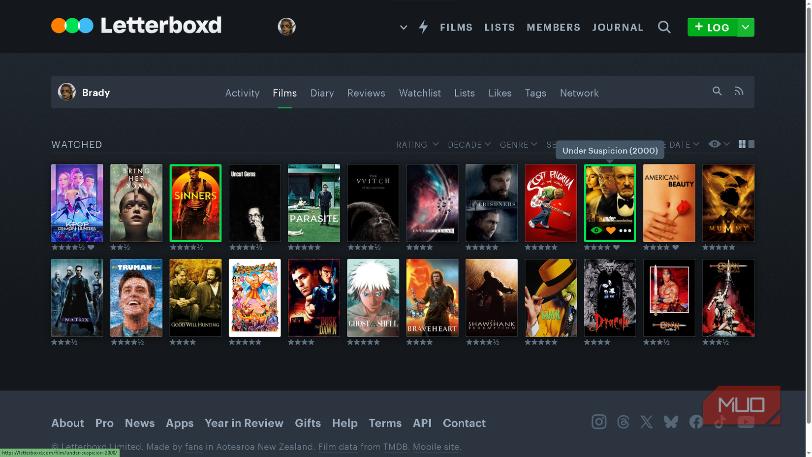 The Films tab opened in Letterboxd, revealing several rows of movies.