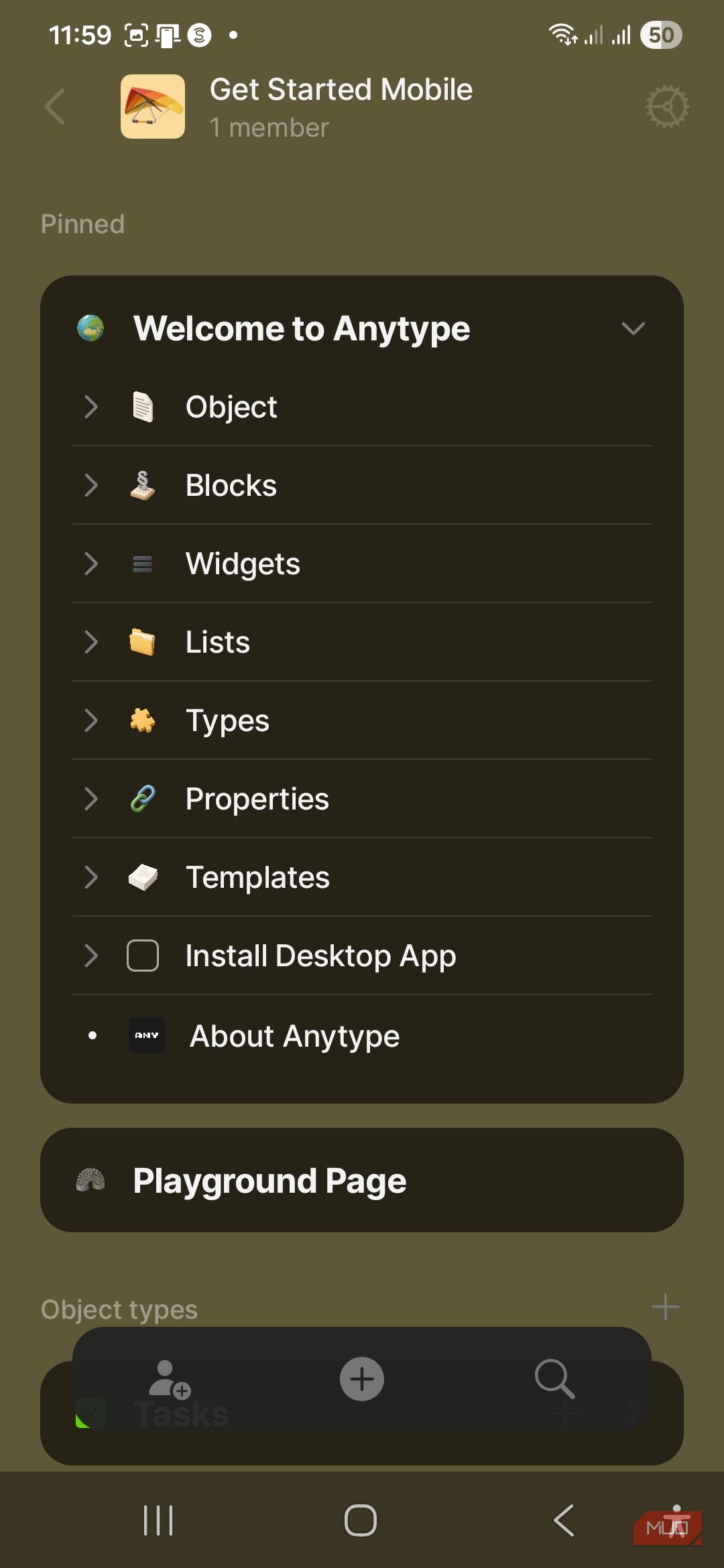 The Get Started Mobile space with default pinned objects.