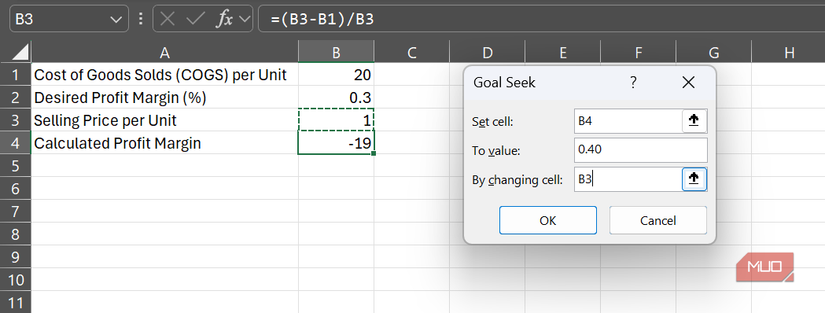The Goal Seek dialog in Excel beside a dataset for determining selling price per unit