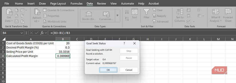 The Goal Seek Status dialog in Excel