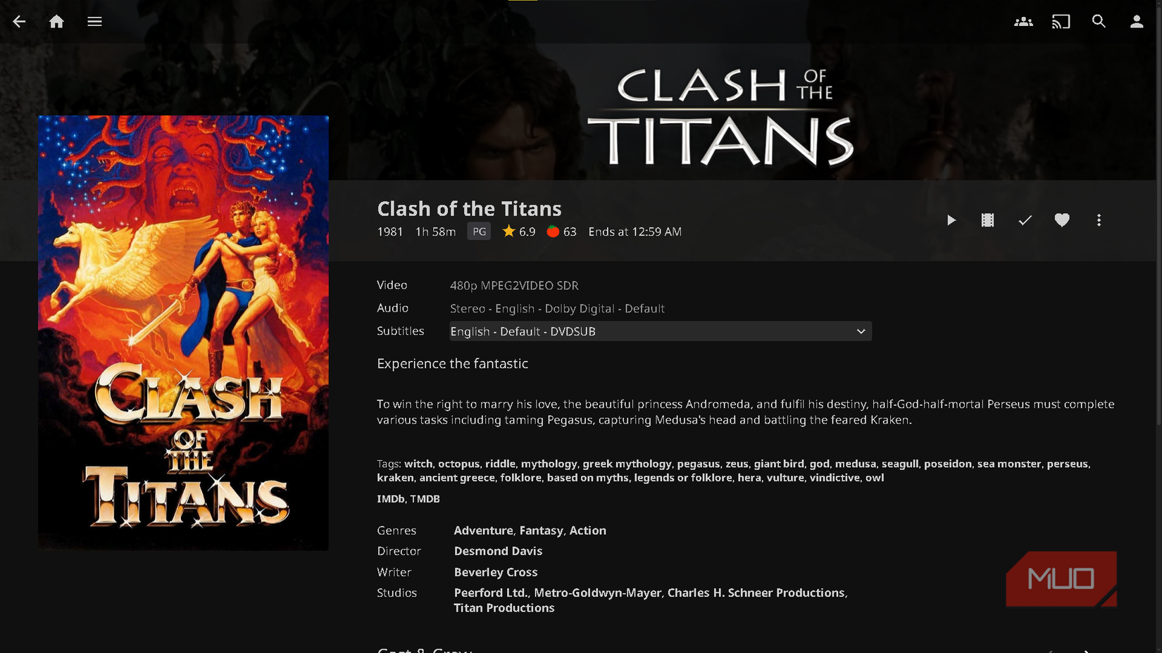 The Jellyfin dashboard, featuring the info page for the movie Clash of the Titans.