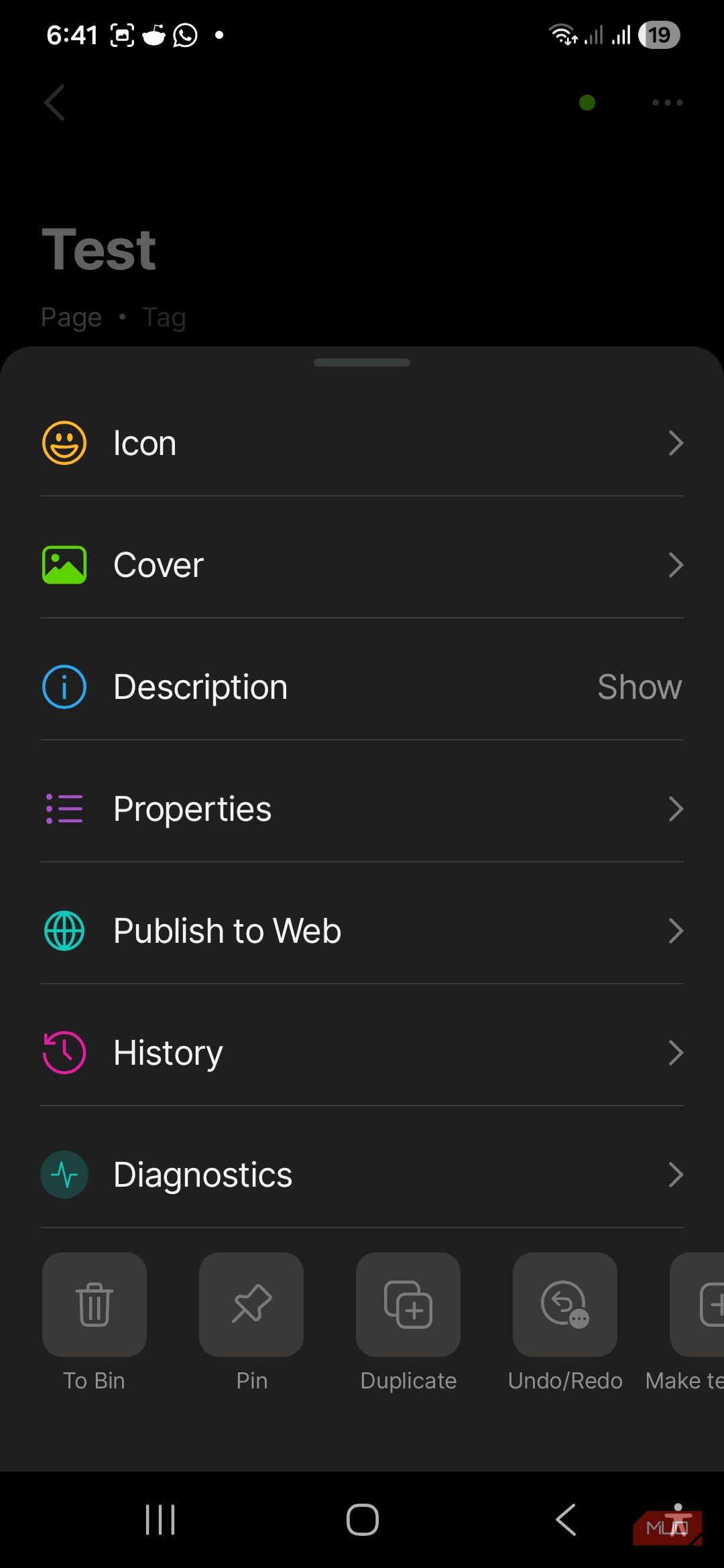 The menu for a page object in Anytype with the option to publish to web.