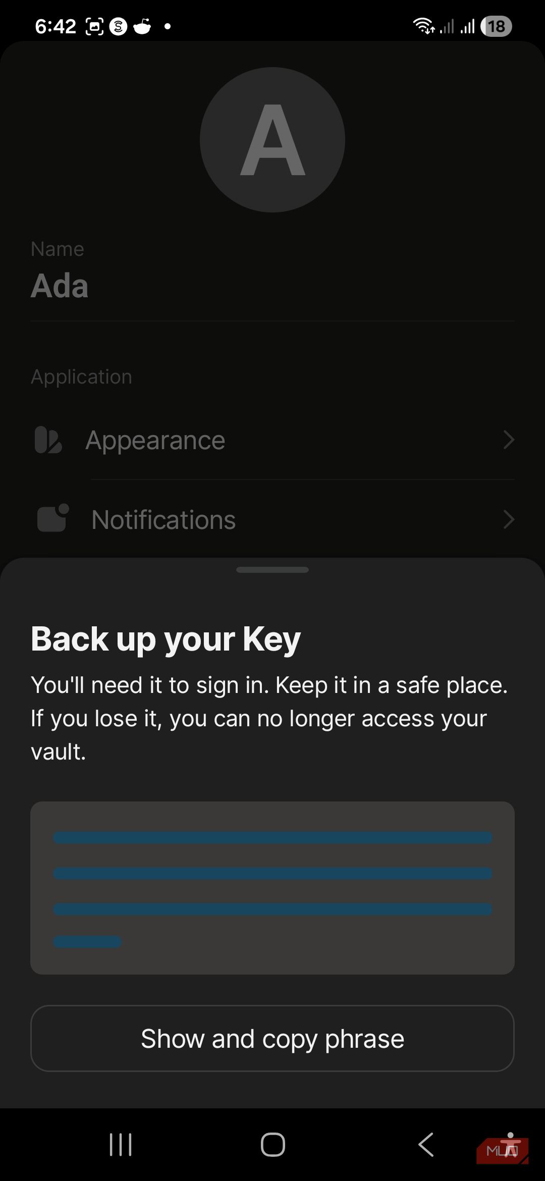 The menu for retrieving your key on your Anytype profile page.