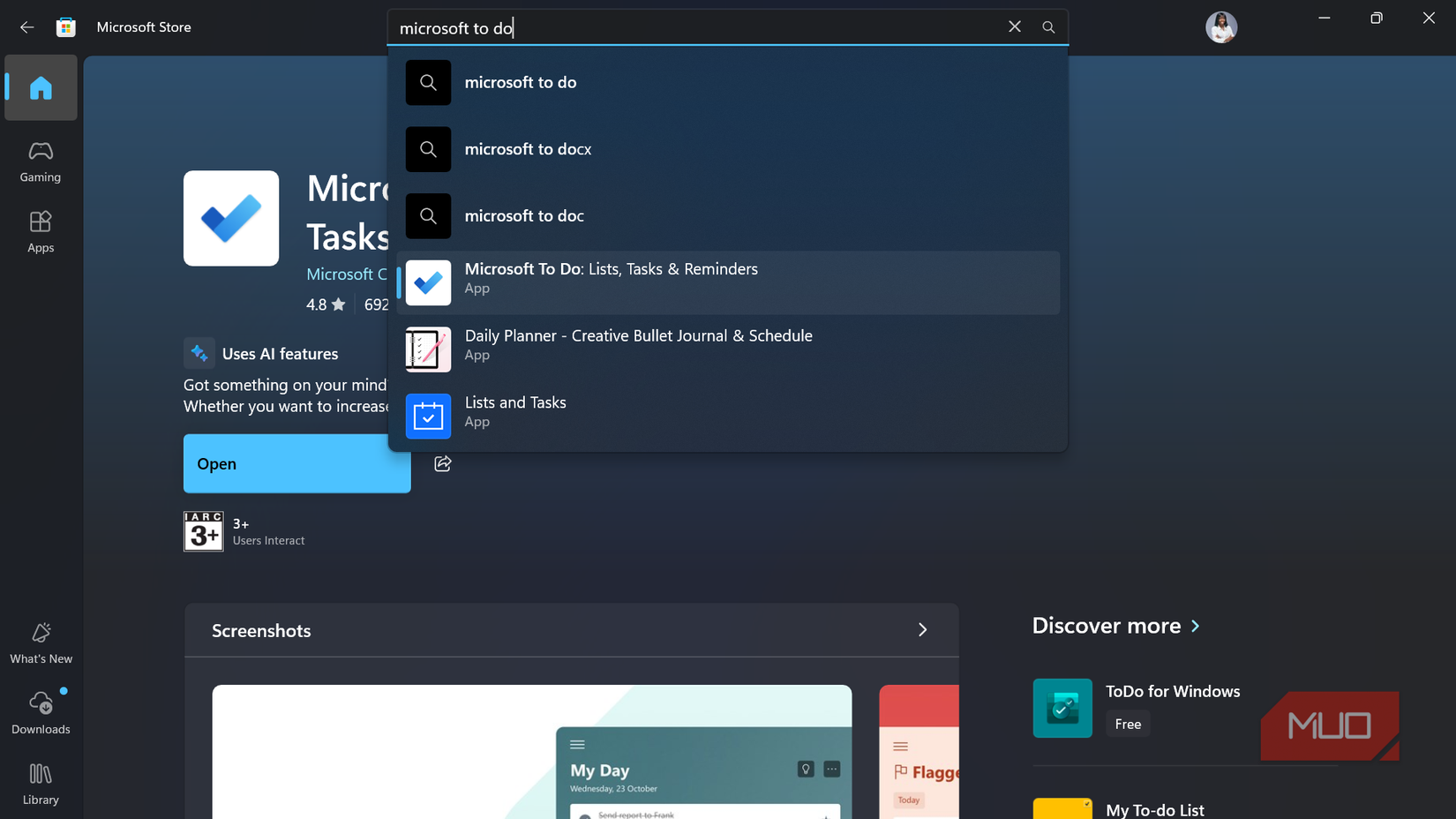 The Microsoft To Do app in Microsoft Store