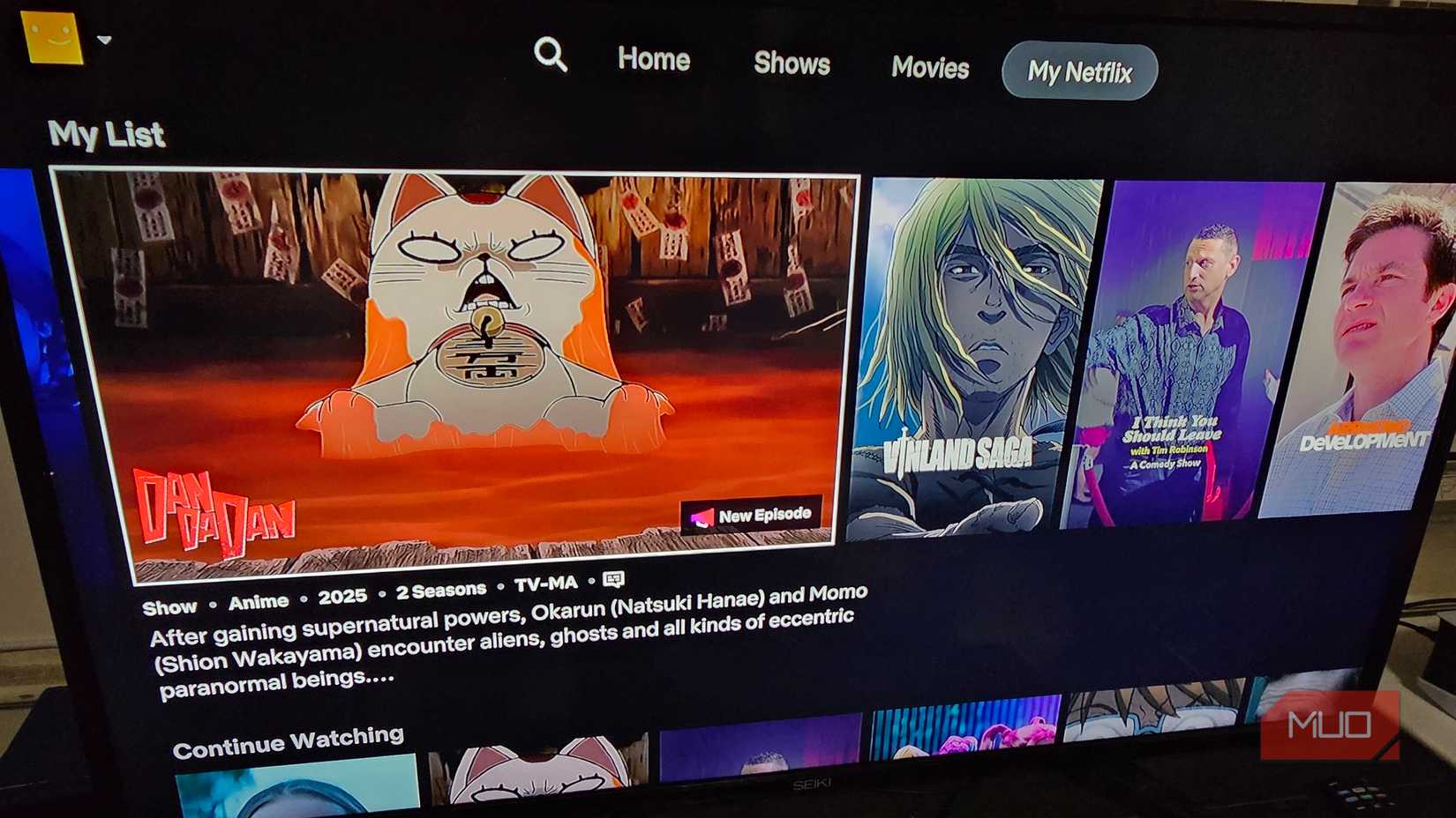 The My Netflix menu, showing a row of movies and shows added to a user's watch list.