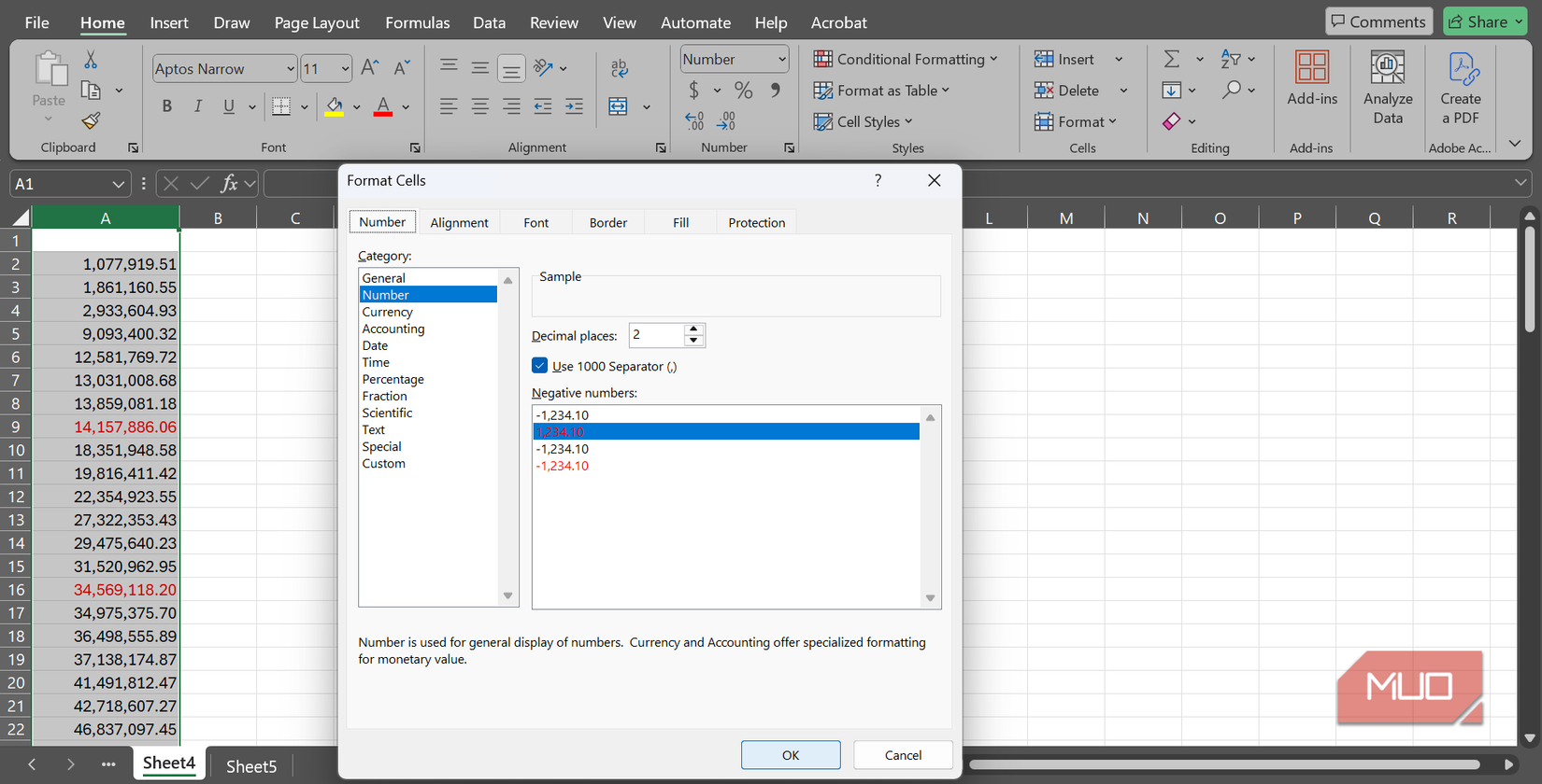 El formato de número en Formato de celdas se aplicó a una columna en Excel.