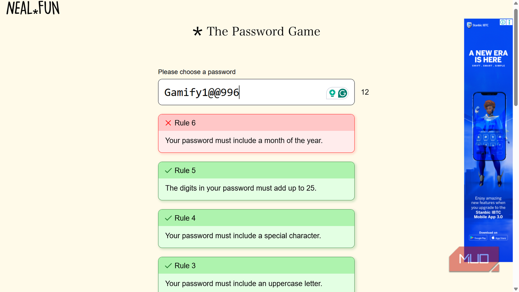 'The Password Game' with a password failing Rule 6.