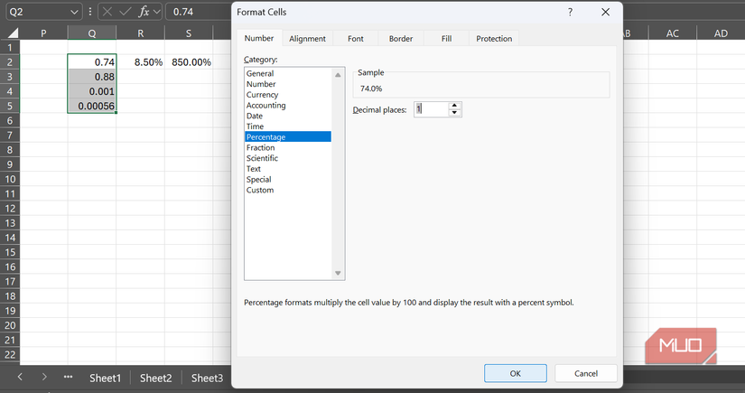 El formato de número de porcentaje en Formato de celdas se aplicó a las celdas en Excel.