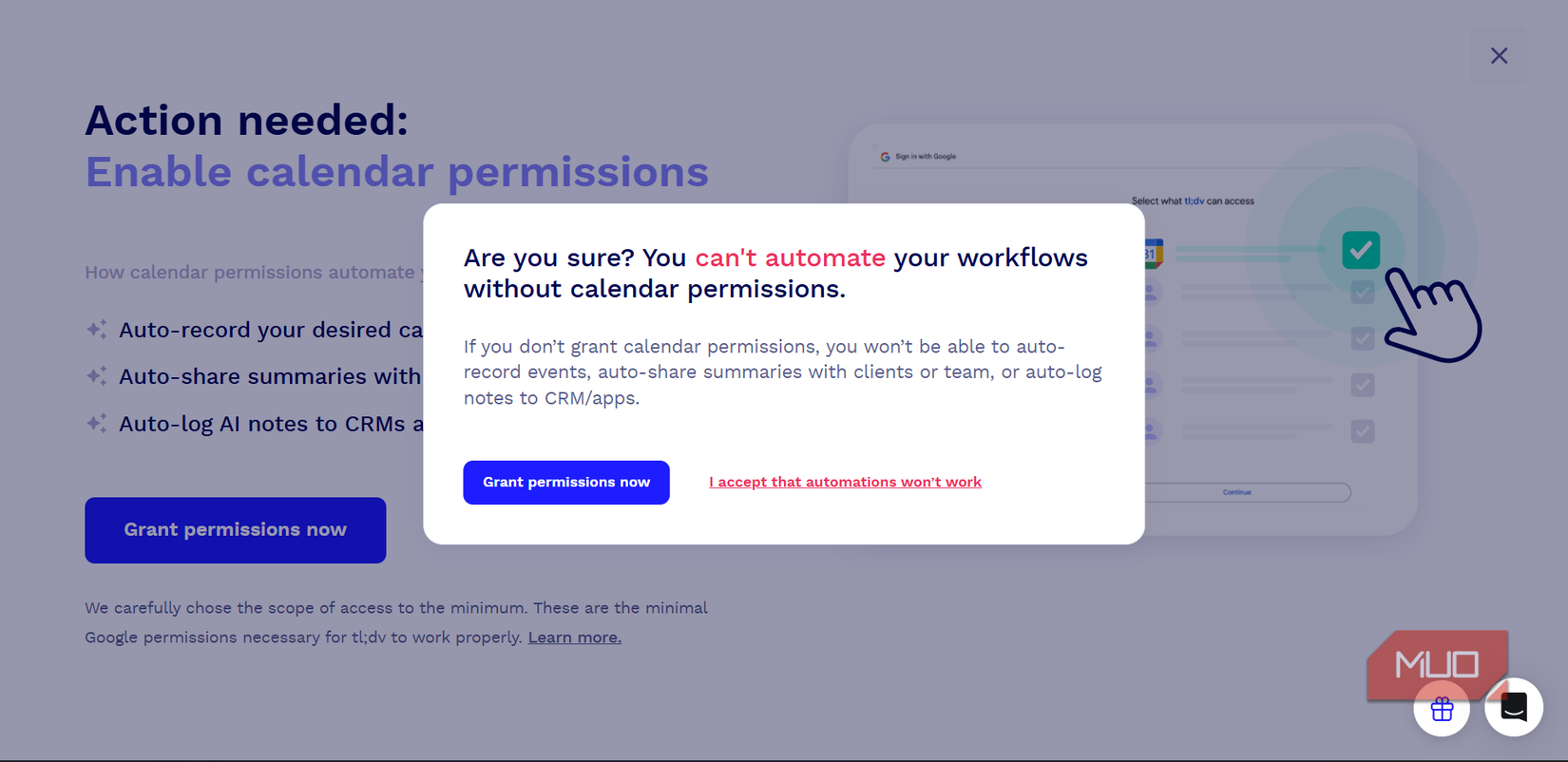 The prompt to enable calendar permissions for tl;dv
