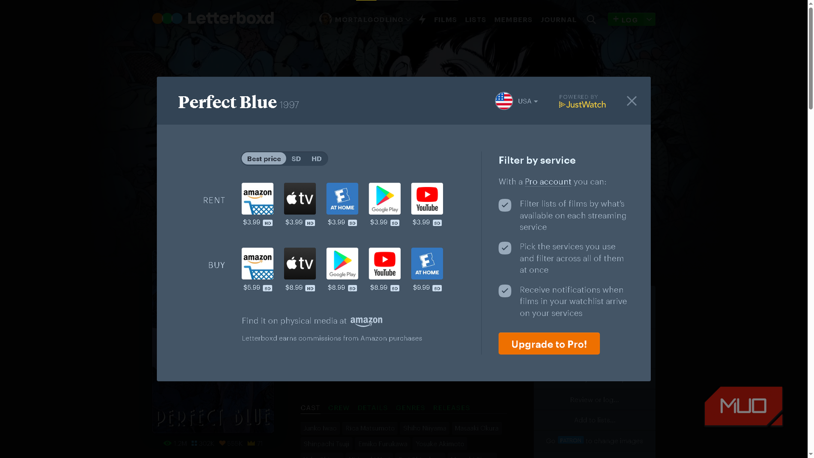 The rent and buy menu in Letterboxd.