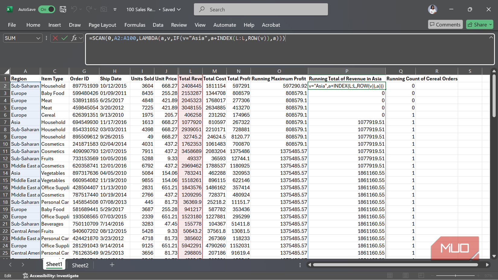 The SCAN function used three times on a sales record dataset in Excel