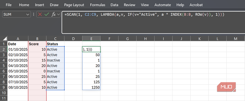 The SCAN function used to calculate the conditional running product in Excel.