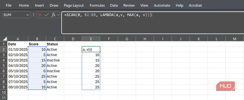 The SCAN function used to calculate the running maximum score in Excel