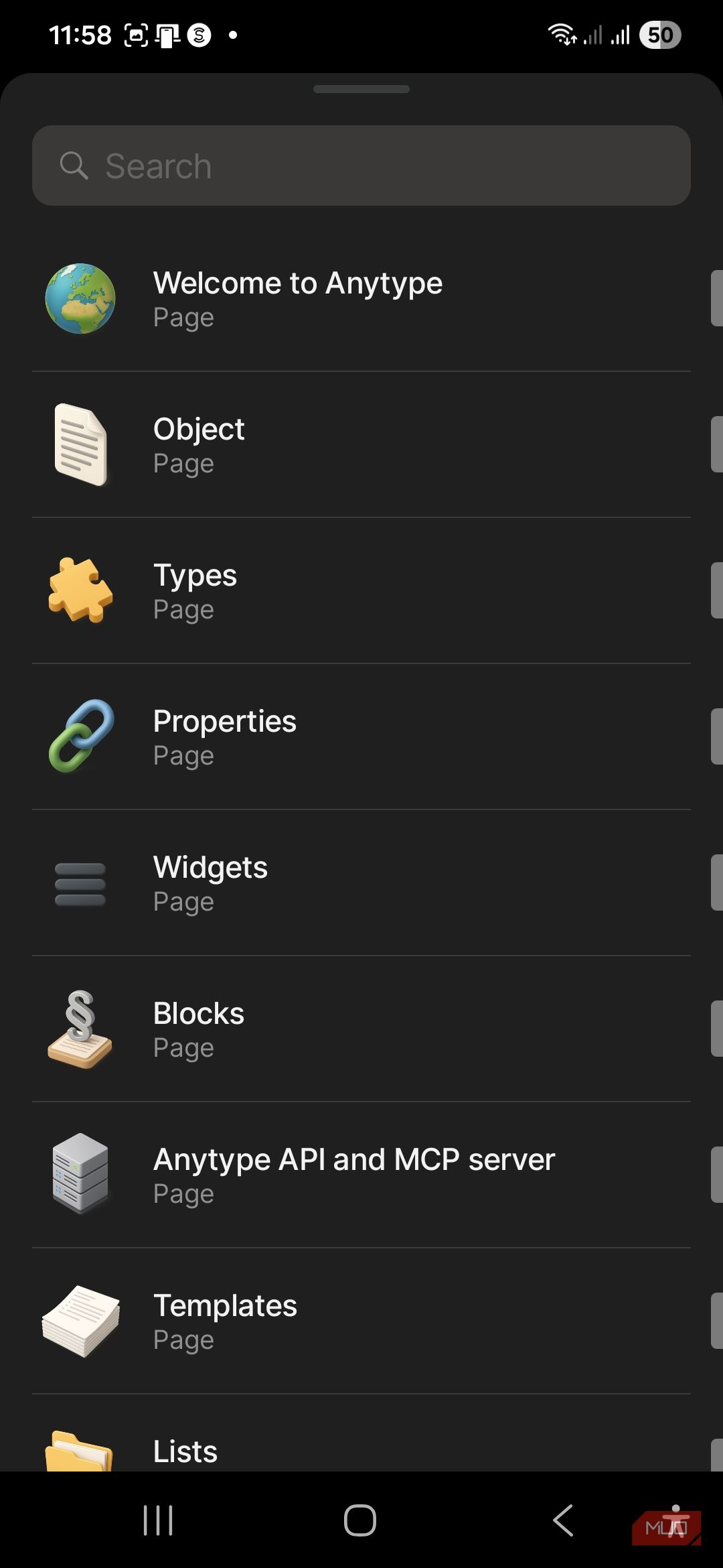 The search bar in Anytype with existing options.