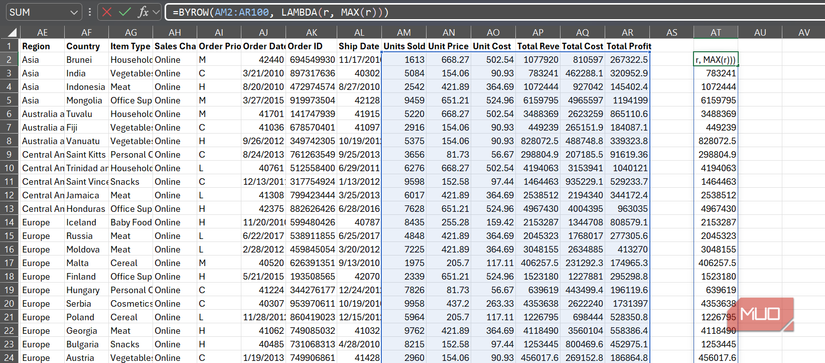 The spilled result of a BYROW formula applied to a dataset AM2-AR100 in Excel.