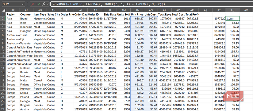 The spilled result of a BYROW formula applied to a dataset AN2-AO100 in Excel.