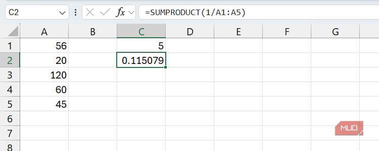 The SUMPRODUCT function in Excel when calculating harmonic mean