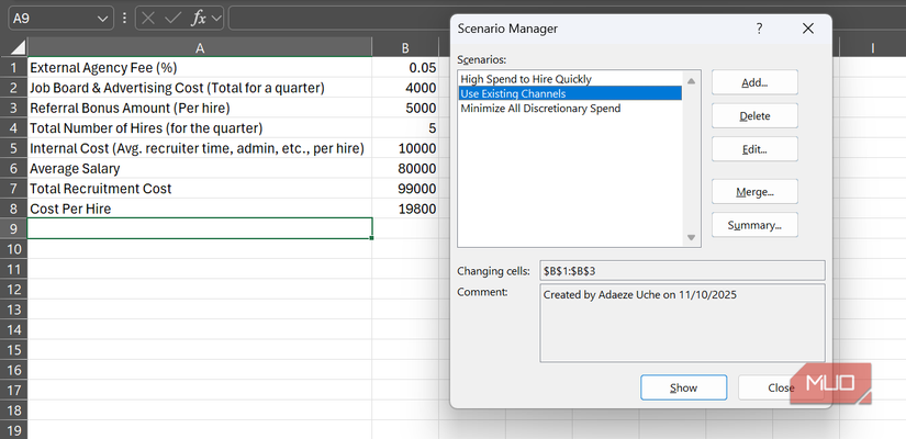 The Use Existing Channels scenario selected from the Scenario Manager and displayed on an Excel Sheet