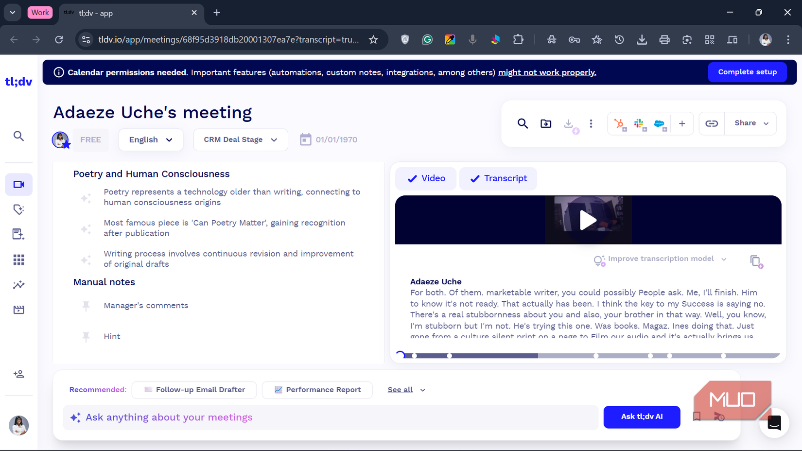 The video, transcript, AI-generated timestamps, and manual timestamps of a meeting on the homepage of my tl;dv app in Chrome