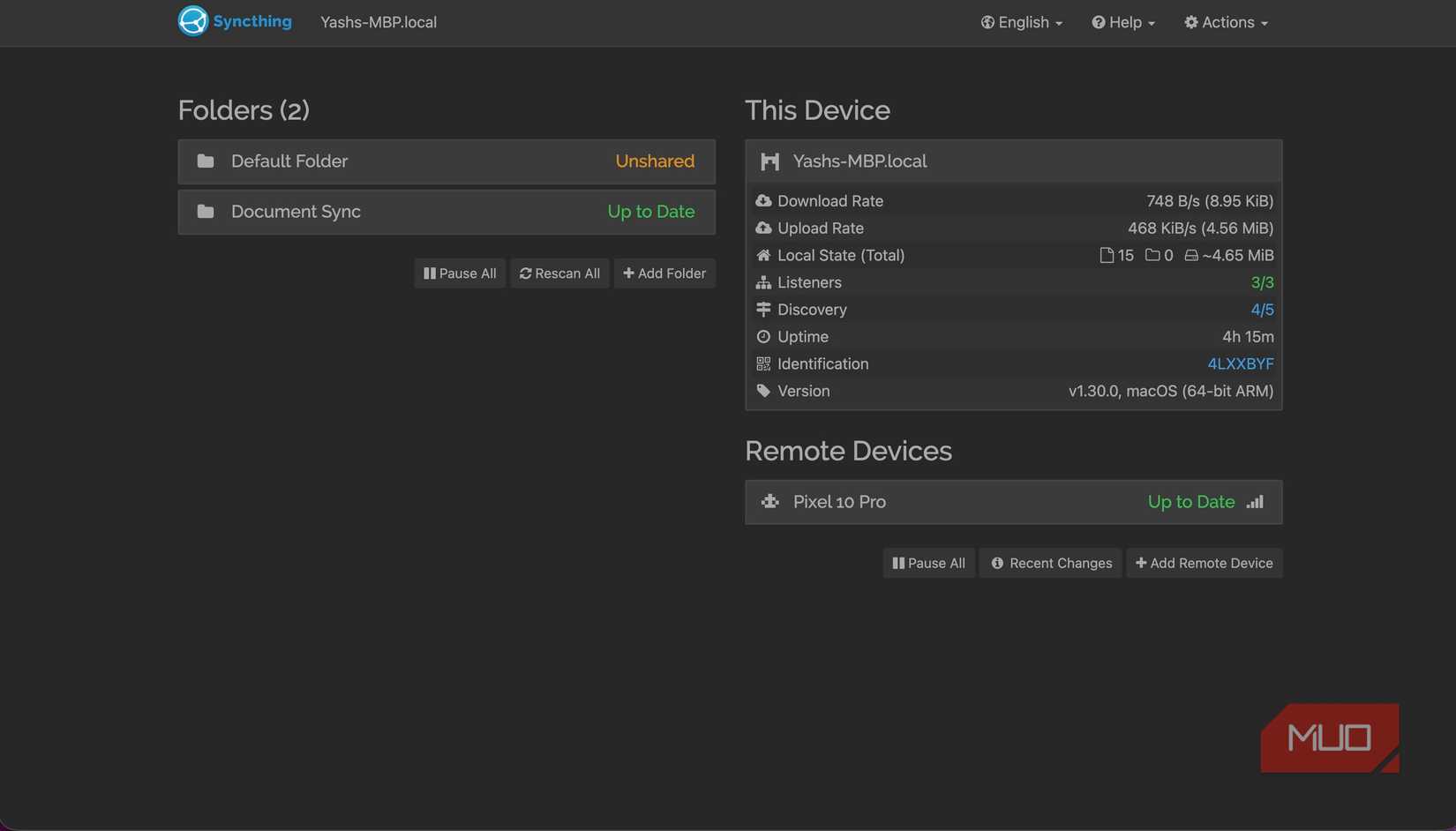 Syncthing web GUI in a browser on a Mac.