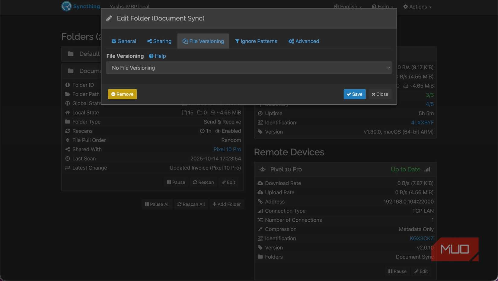 Setting up file versioning for a synced folder on Syncthing web GUI.