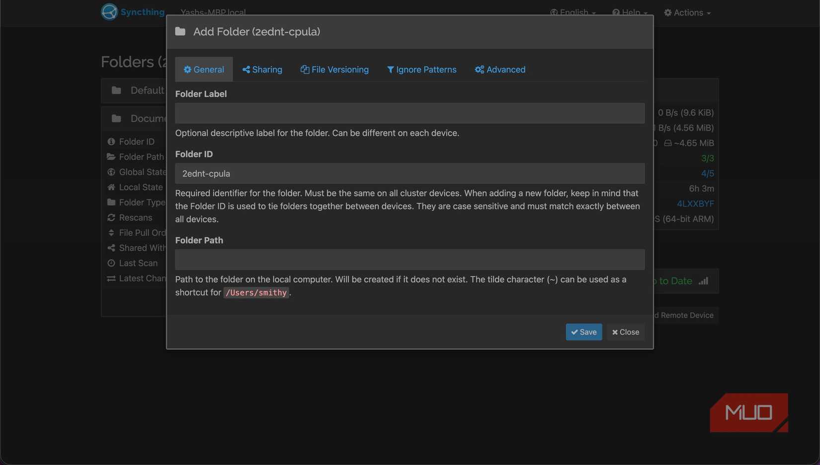 Adding a folder to sync in Syncthing.