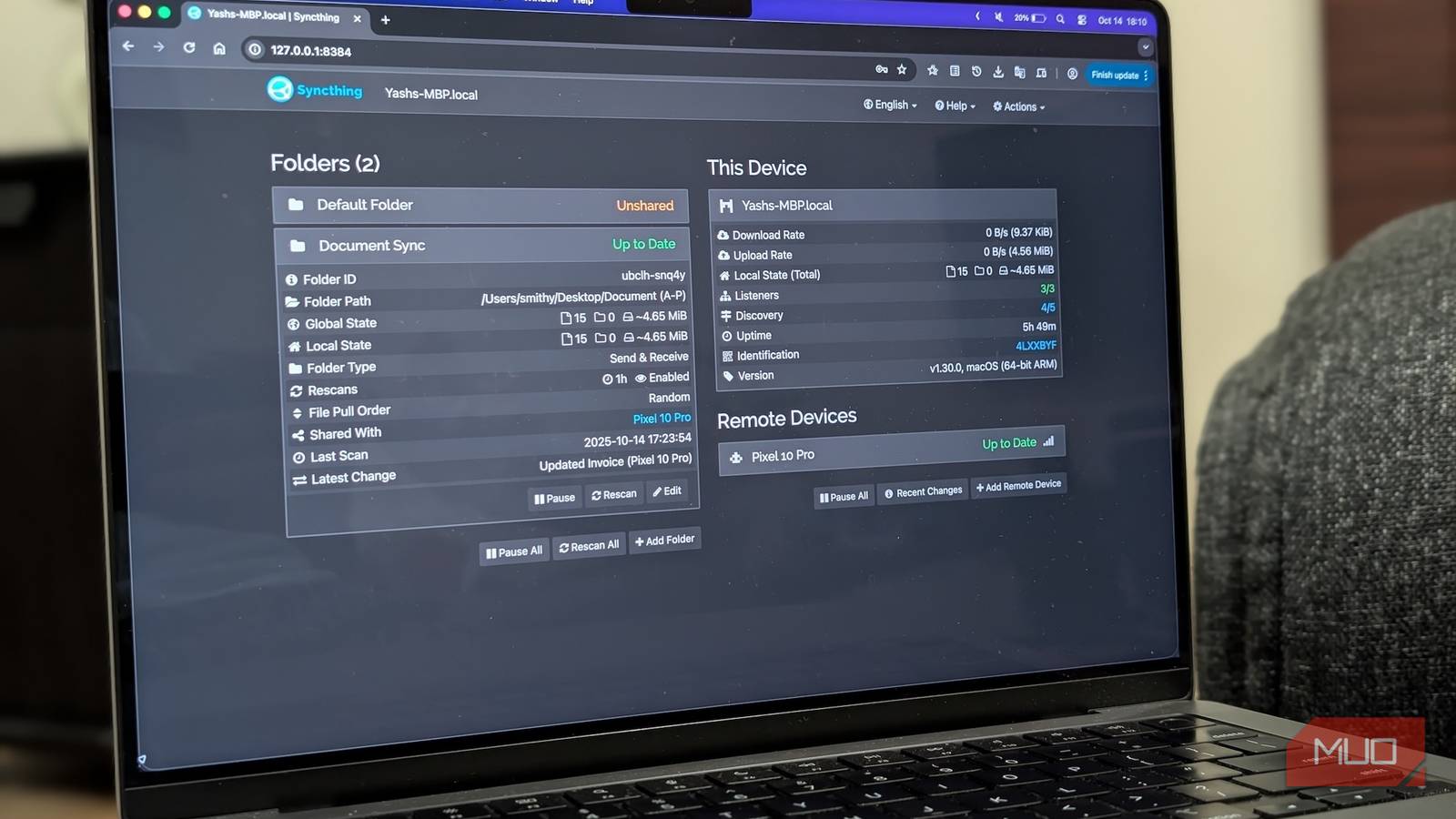 Syncthing web GUI on a MacBook.