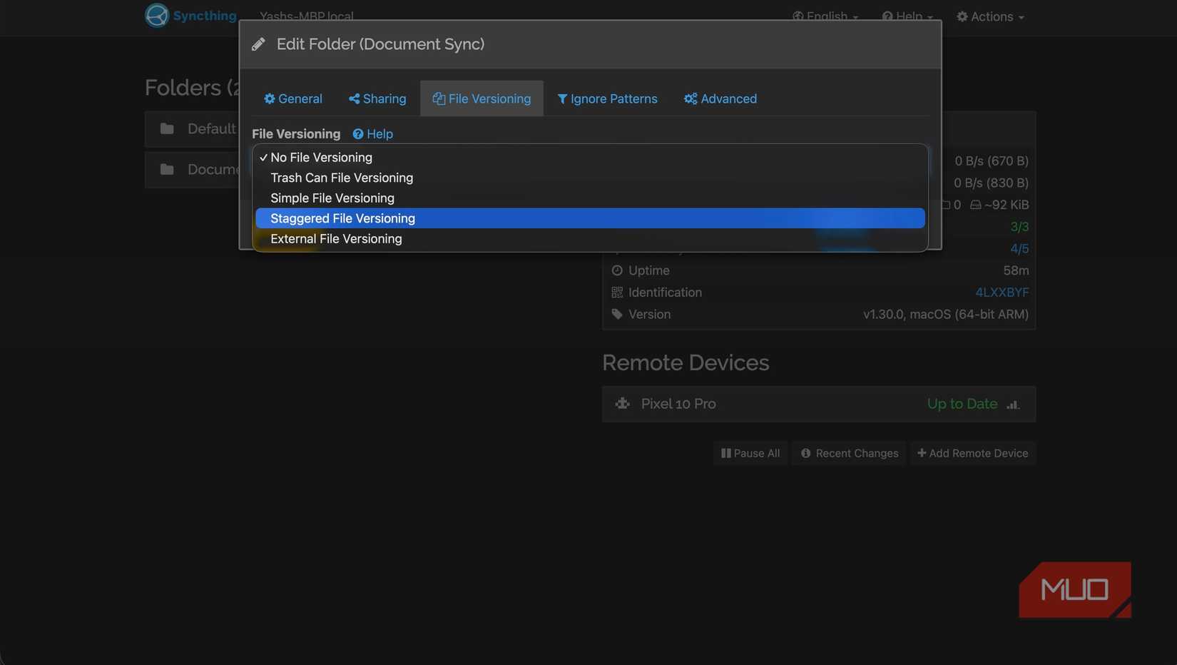 File Versioning tab in Syncthing settings.