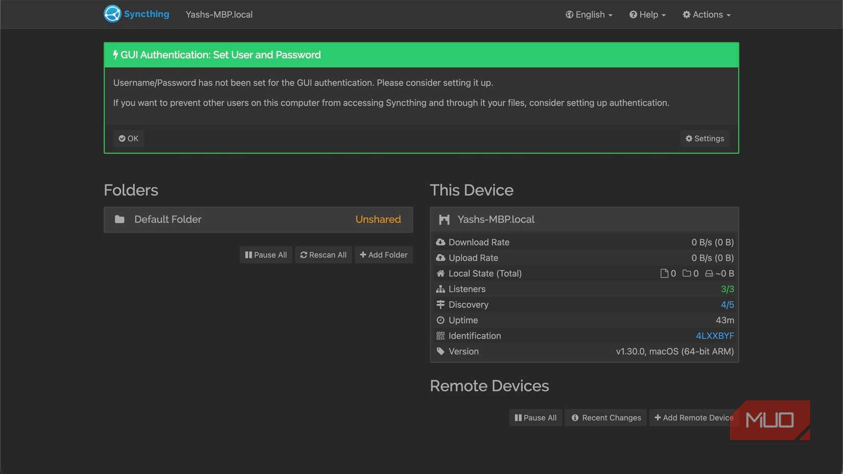 Syncthing web GUI first run.