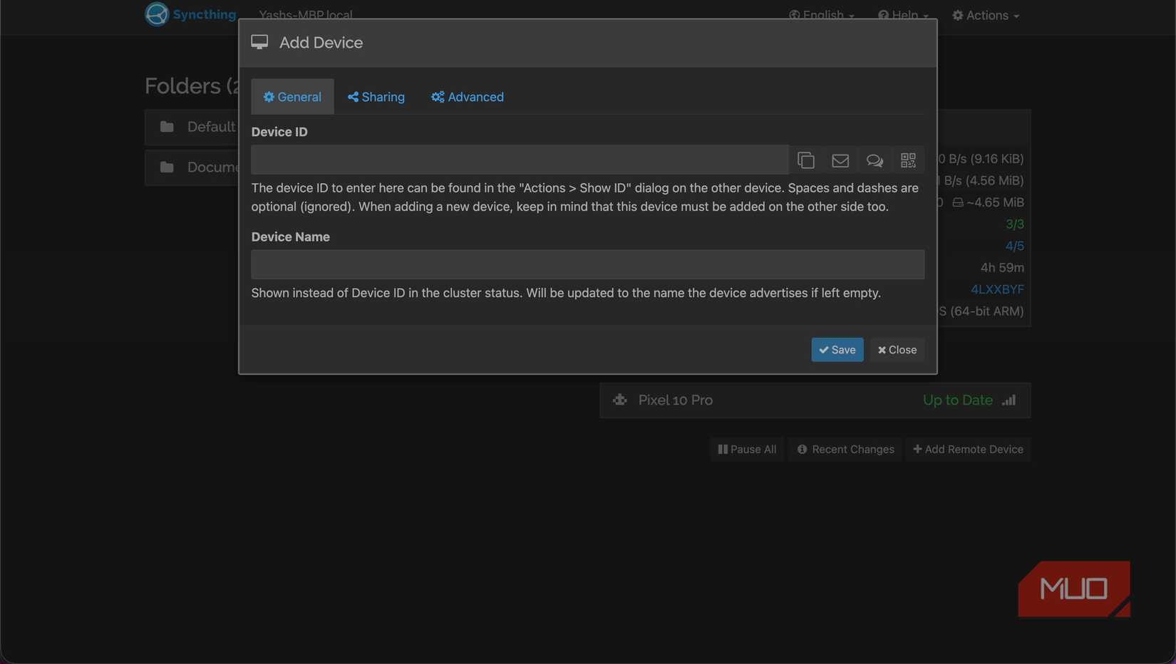 Adding a new device on the Syncthing web GUI.
