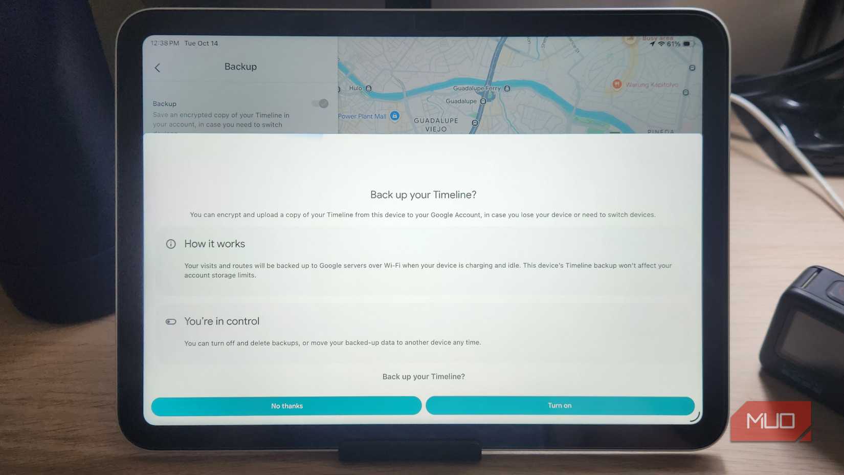 Las opciones de copia de seguridad de datos de Google Timeline.