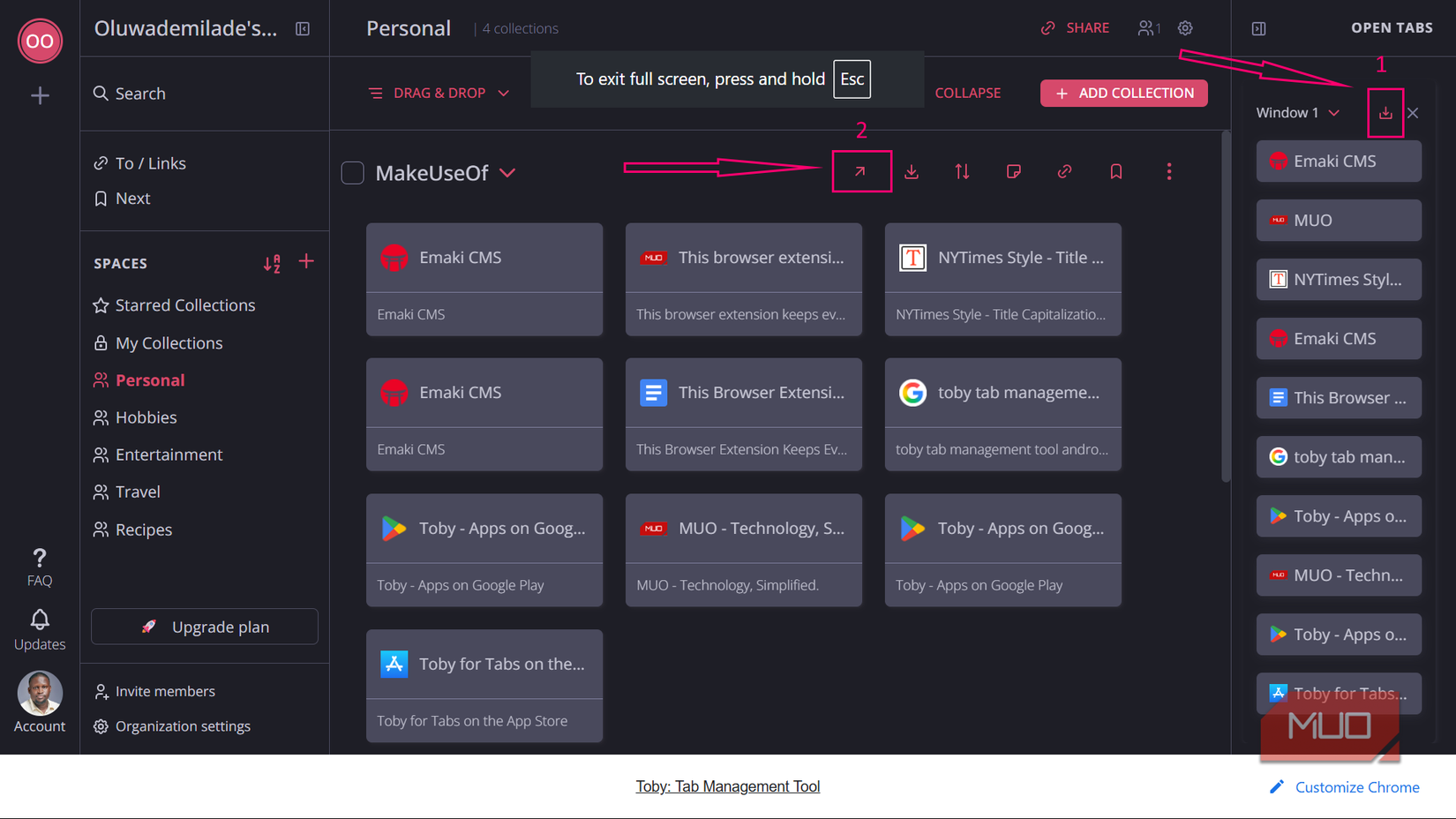 Toby tab management tool interface showing marked buttons.