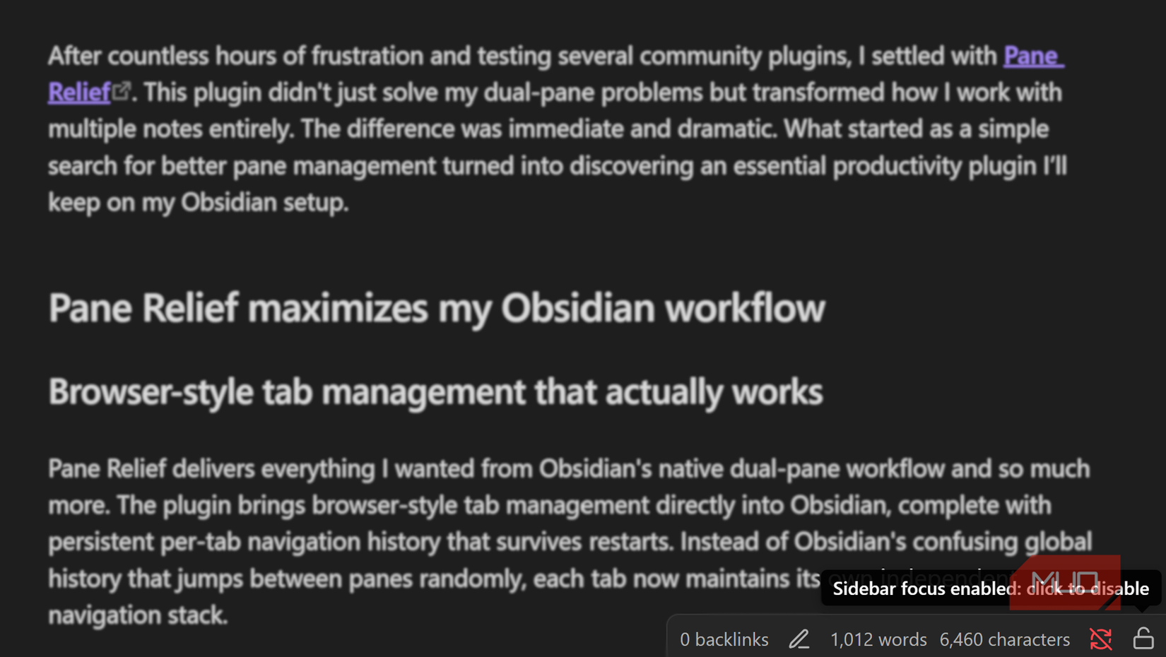 Toggle focus modes on Pane Relief