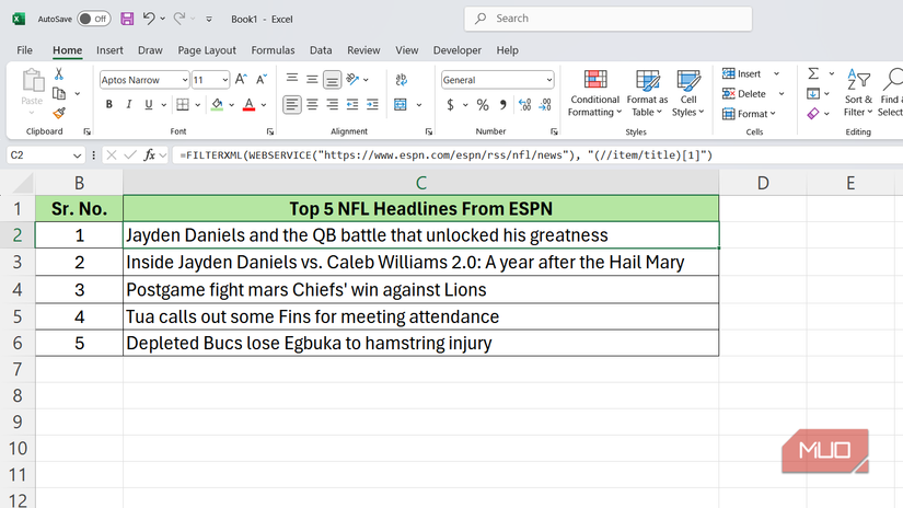 Top 5 NFL headlines from ESPN website extracted through WEBSERVICE and FILTERXML function in Excel.