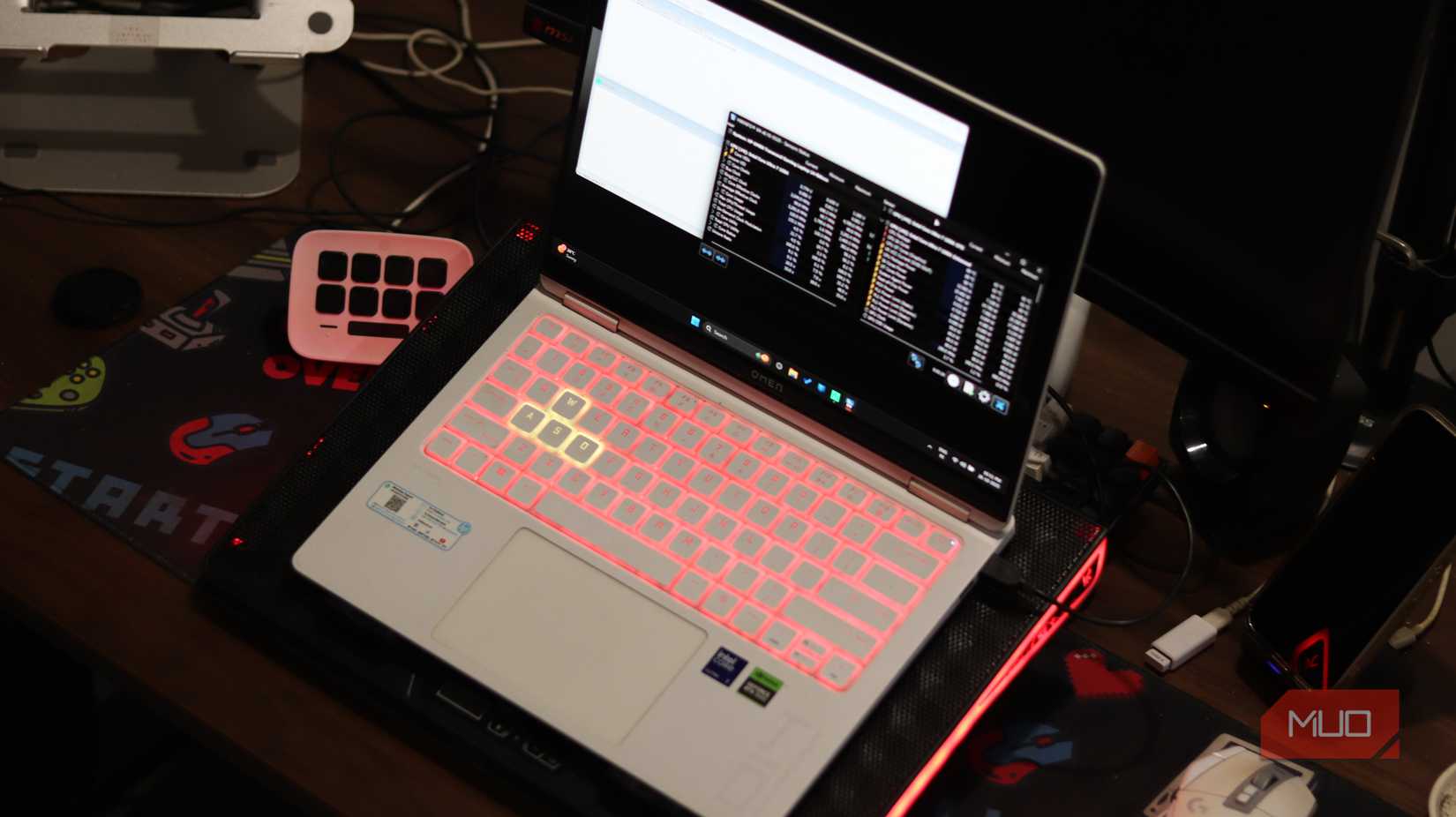 Top view of Omen gaming laptop on cooling pad.