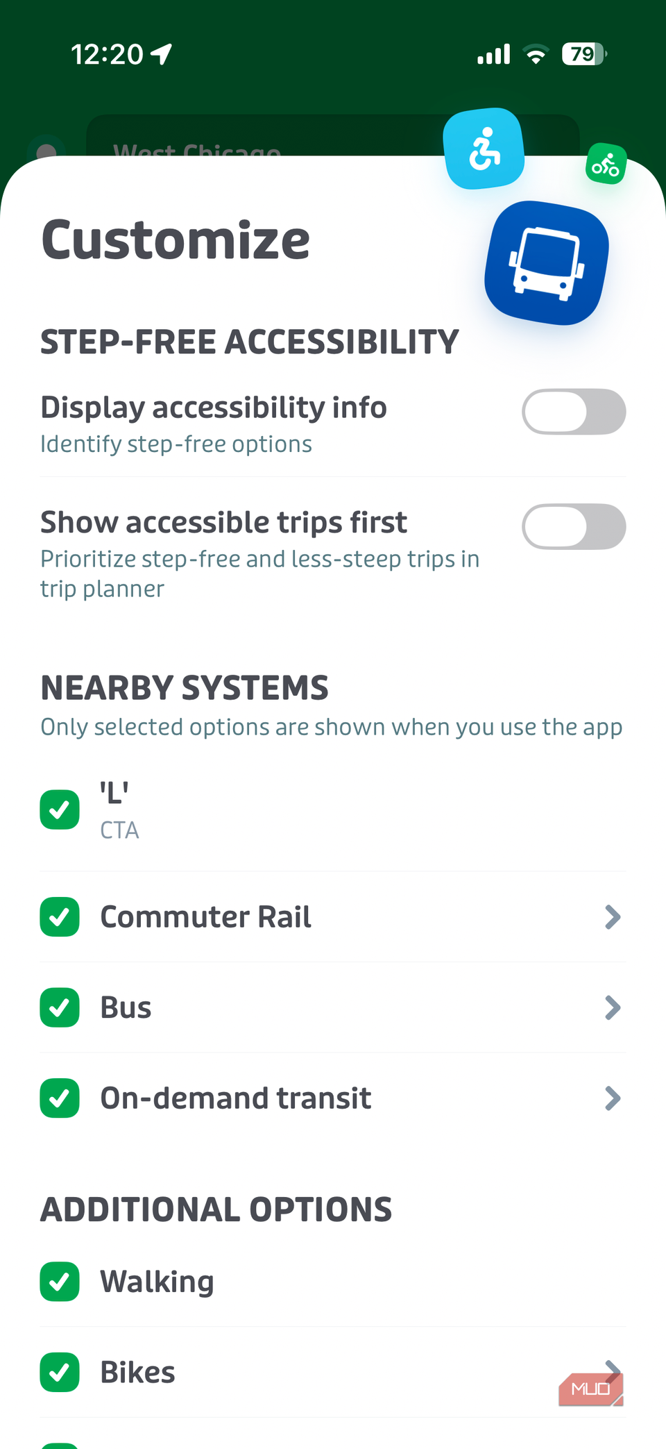 Transit app on iPhone showing customize menu
