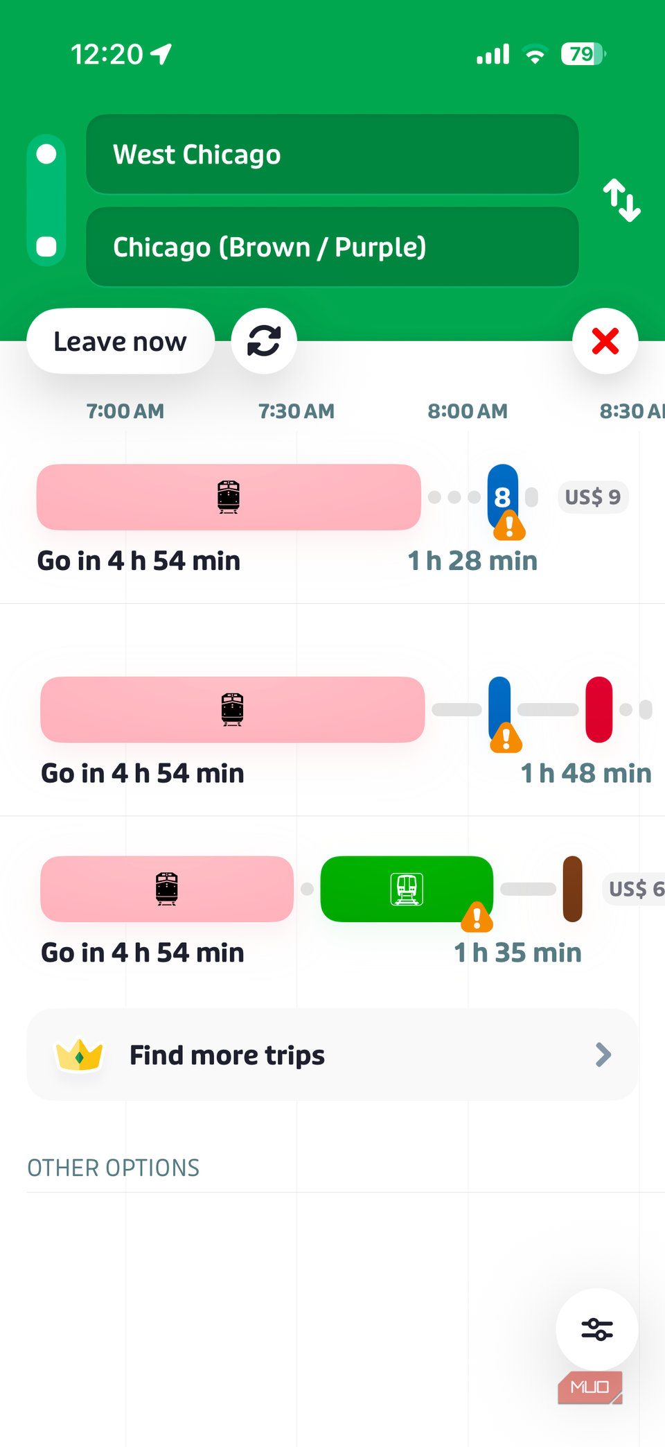 Transit app on iPhone showing route menu