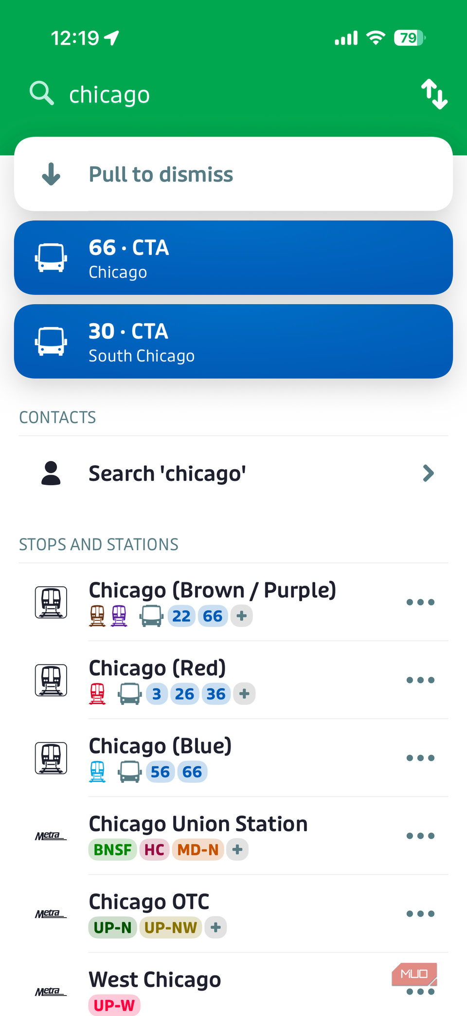 Transit app on iPhone showing route options