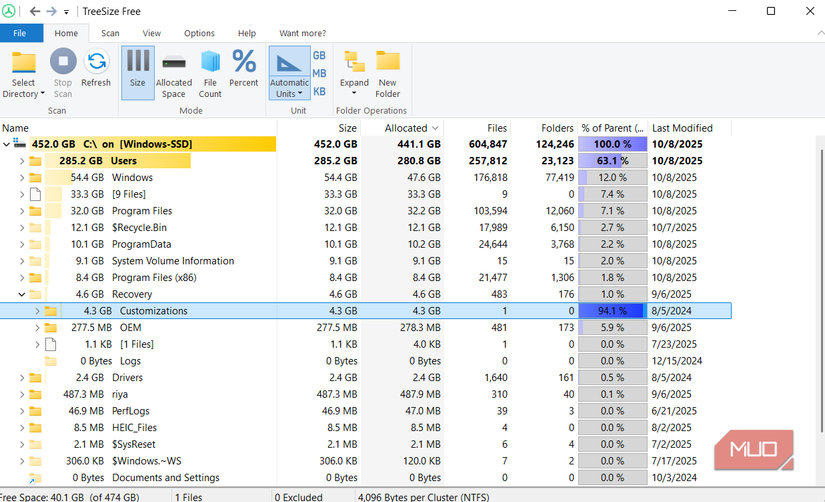TreeSize app showing storage usage on Windows