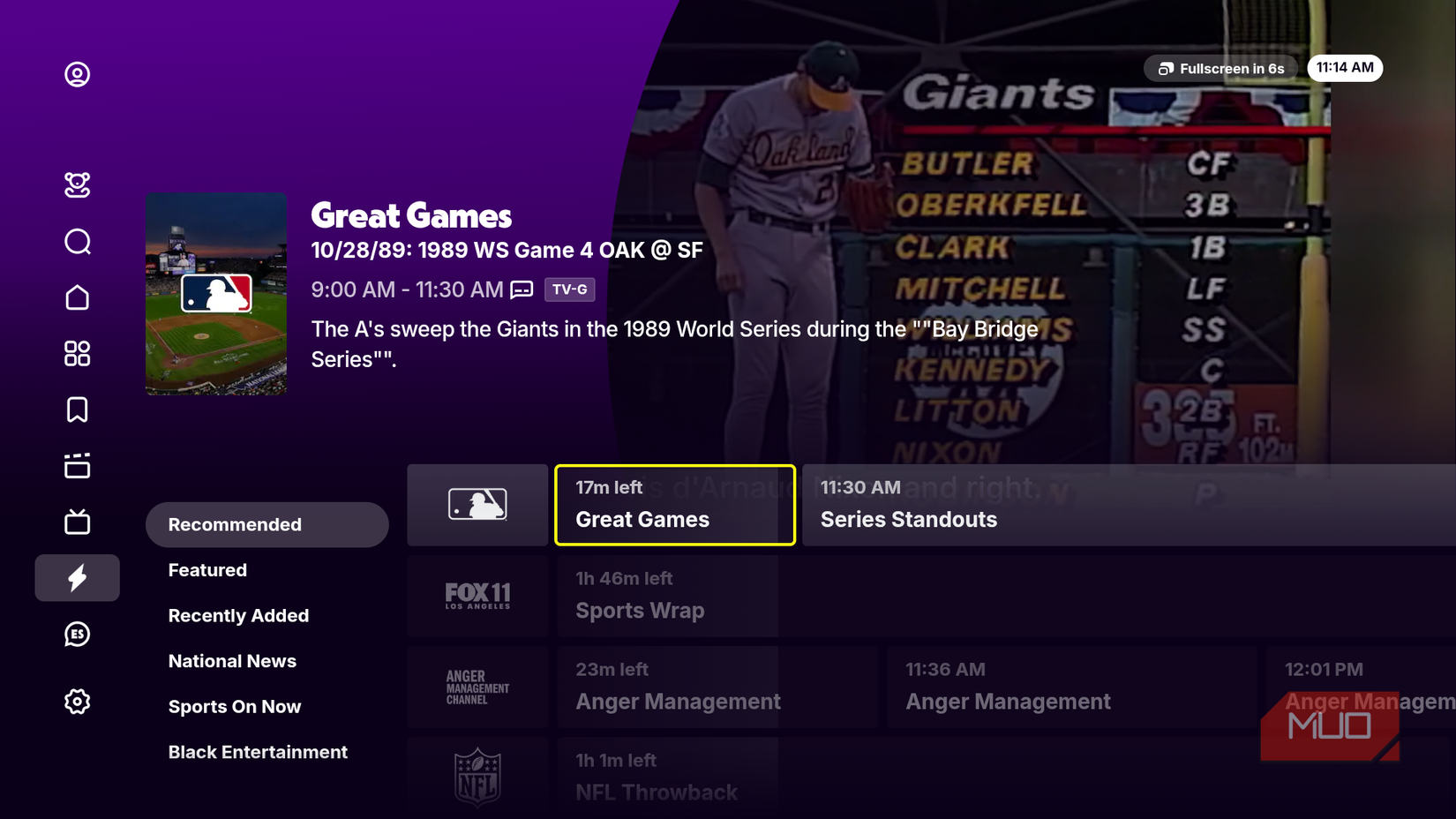 The Tubi homepage menu.
