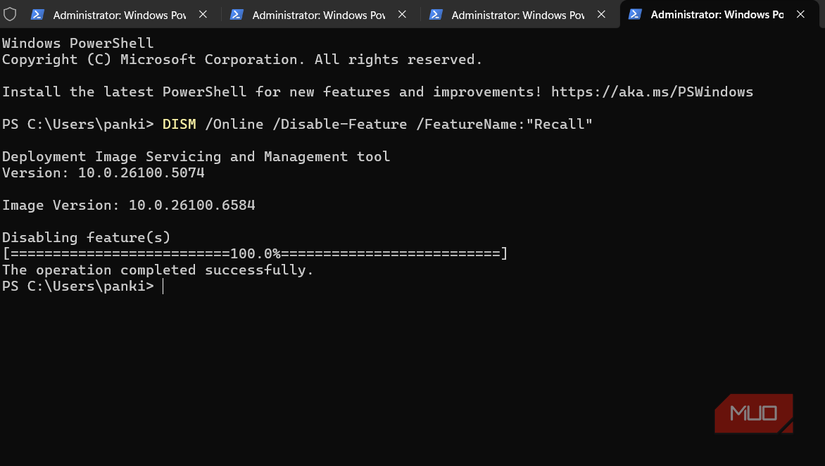 Turning off Windows Recall using DISM command
