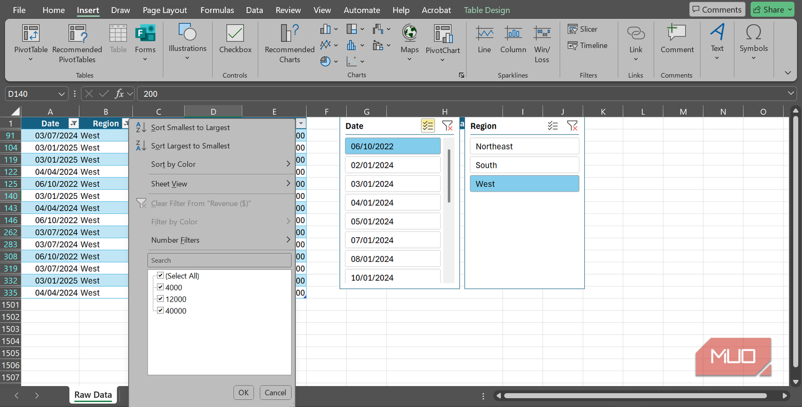 Two slicers and a filter menu on placed on a worksheet with an Excel Table.