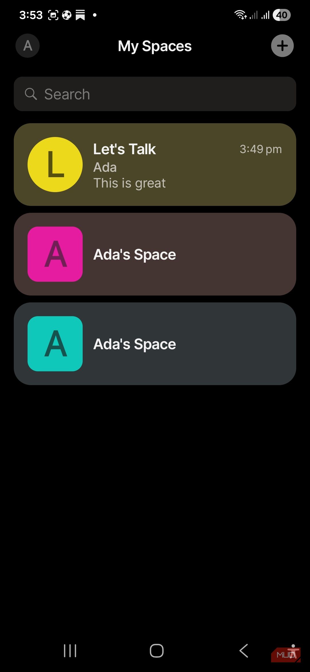 Two spaces and one chat under my spaces in Anytype