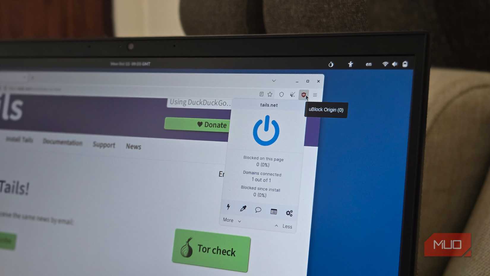 El complemento de origen Ublock se abre en el navegador Tor en Tails OS