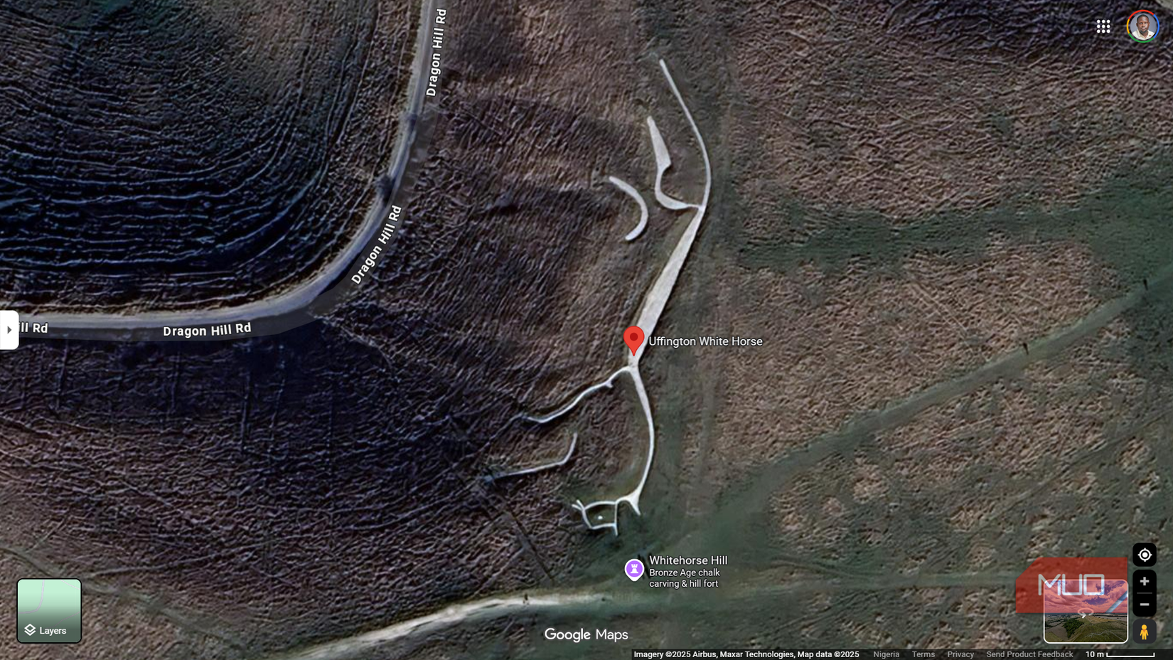 Uffington White Horse in satellite view on Google Maps.
