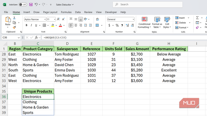 Unique function to list unique products in Excel.