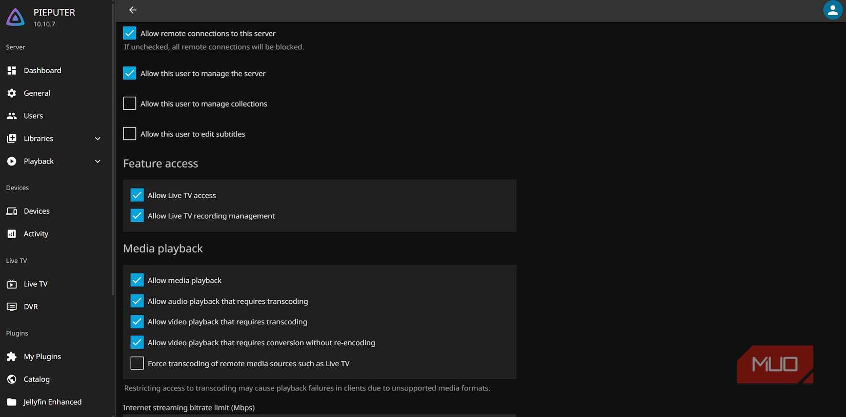 User settings in Jellyfin admin panel