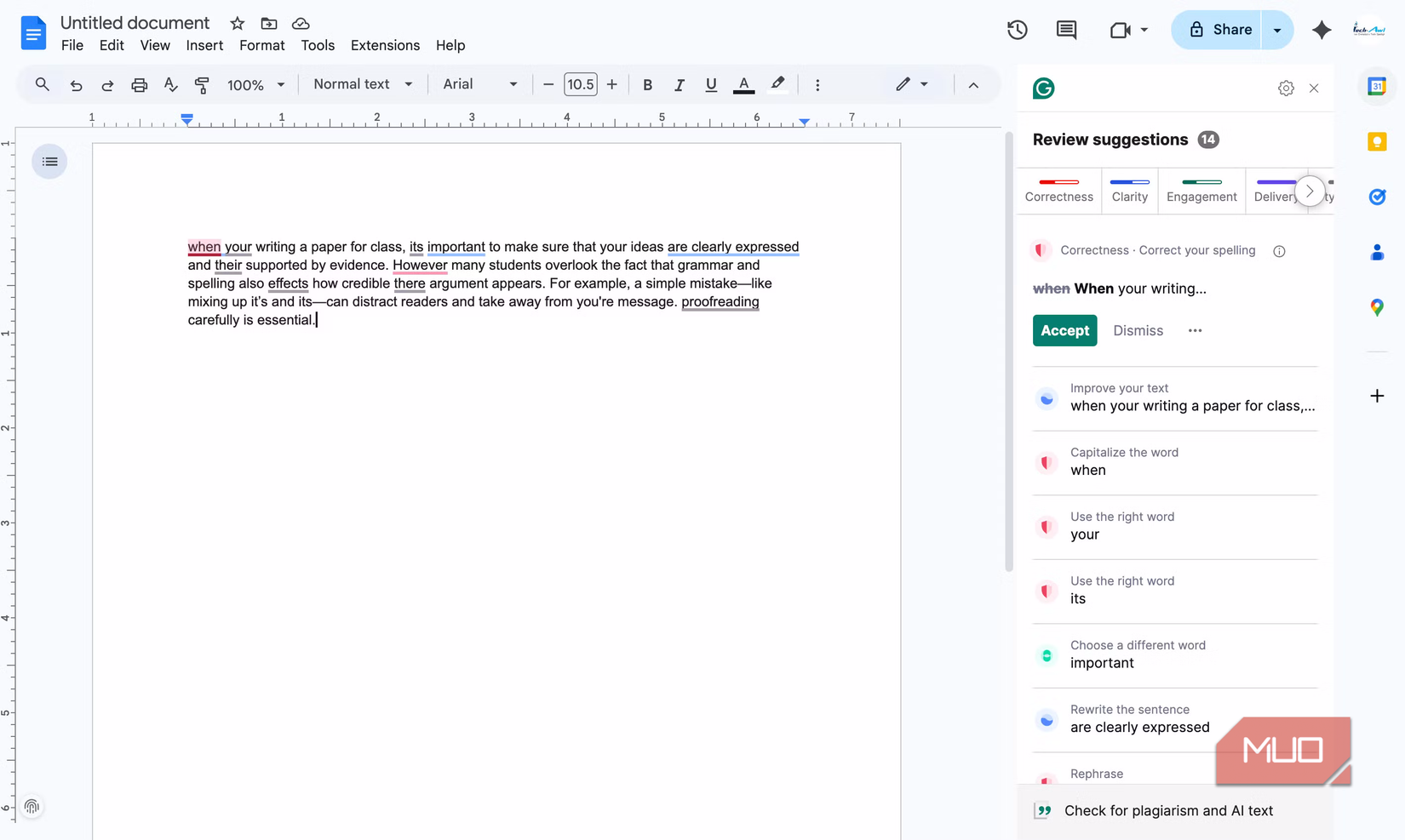 Using grammarly to polish writing in Google Docs.