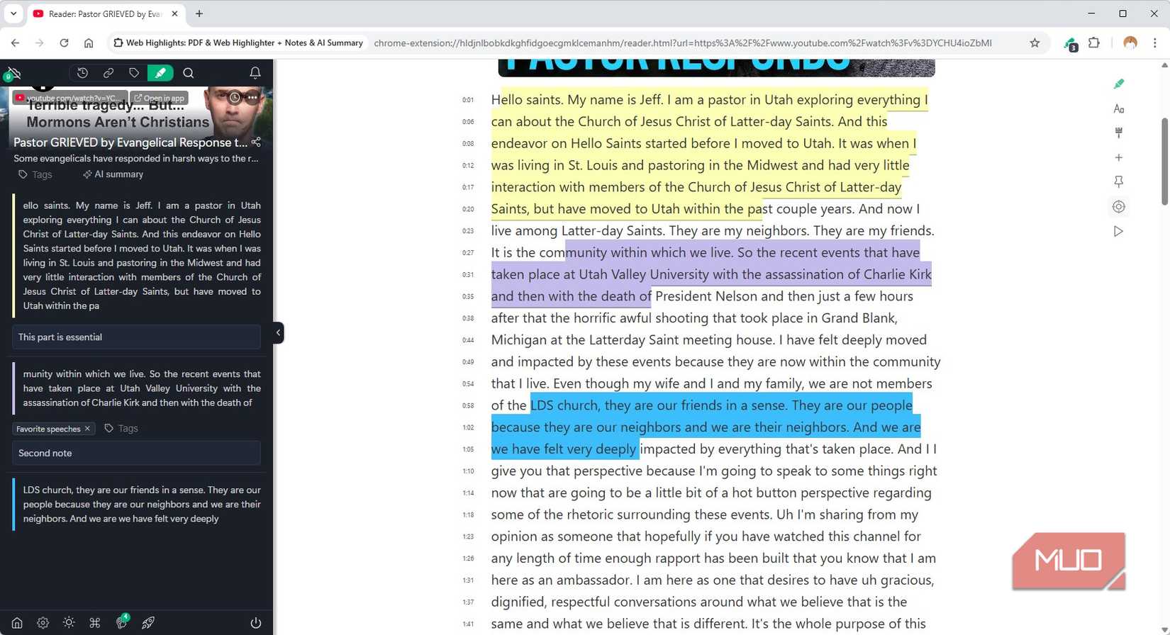 Using the Web Highlights extension to take notes on a YouTube video