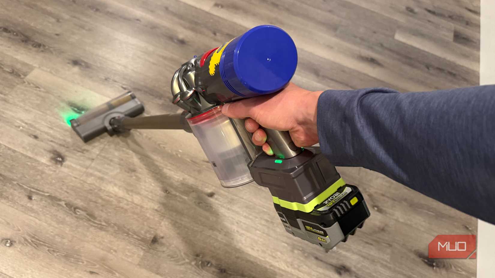 vacuuming with Dyson v8 with ryobi battery